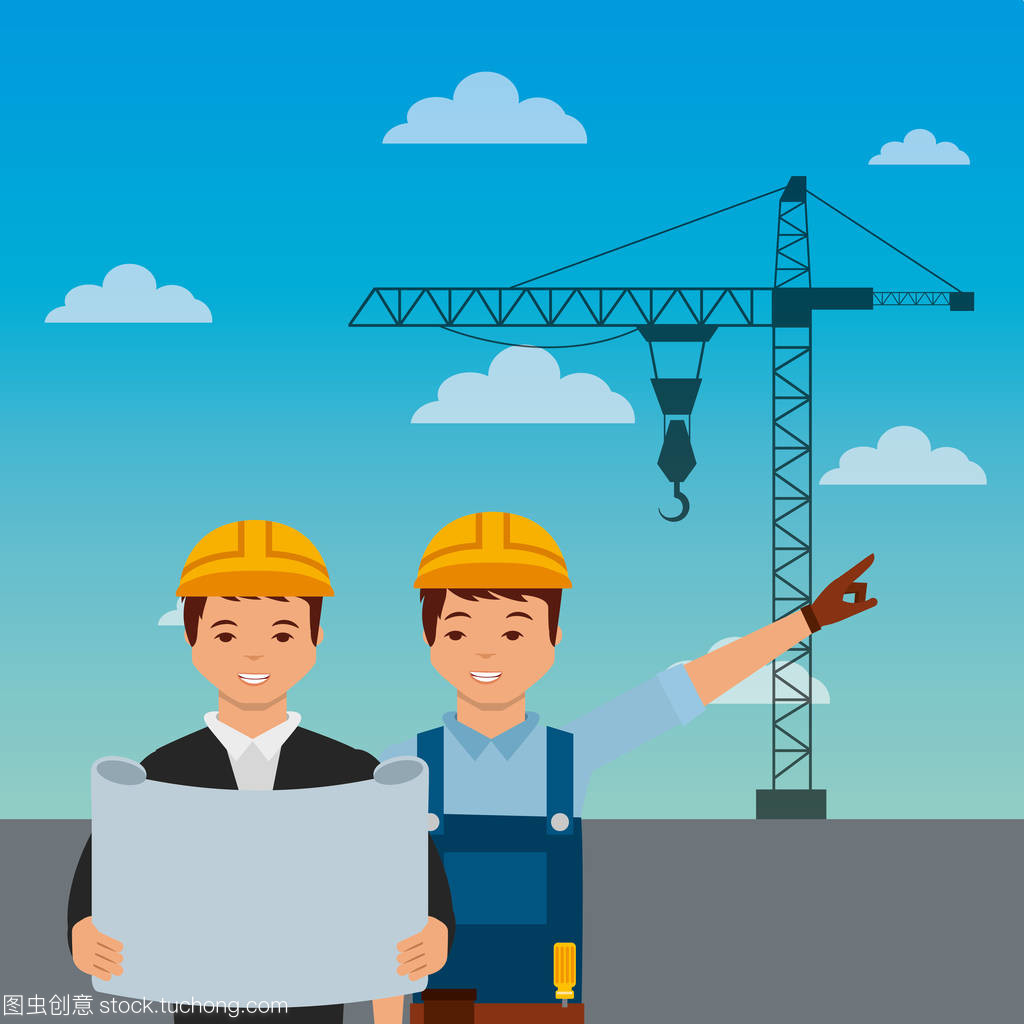 建筑工人工程師工頭藍(lán)圖起重機(jī)在天空背景下